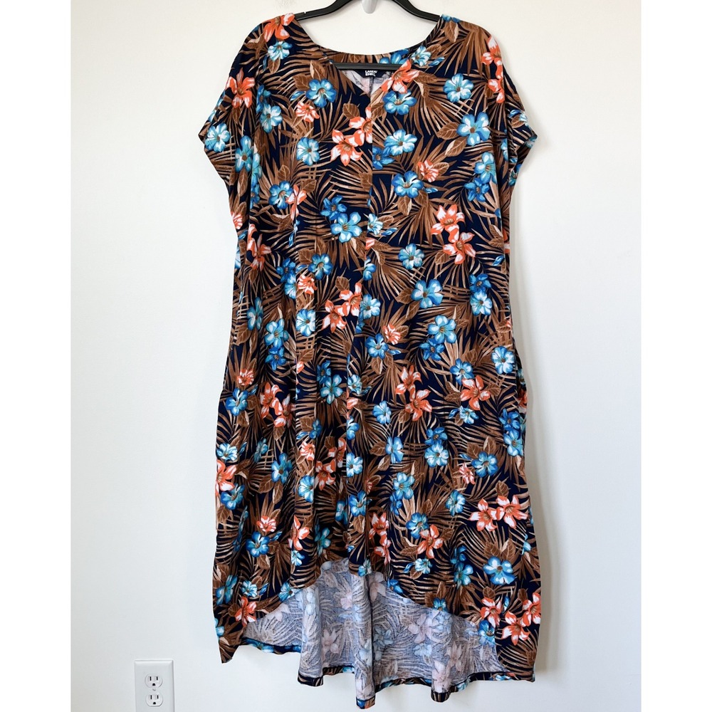 Lands' End Tropical Floral Print V-Neck Hi-Lo Midi Kaftan Dress Womens 1X Brown